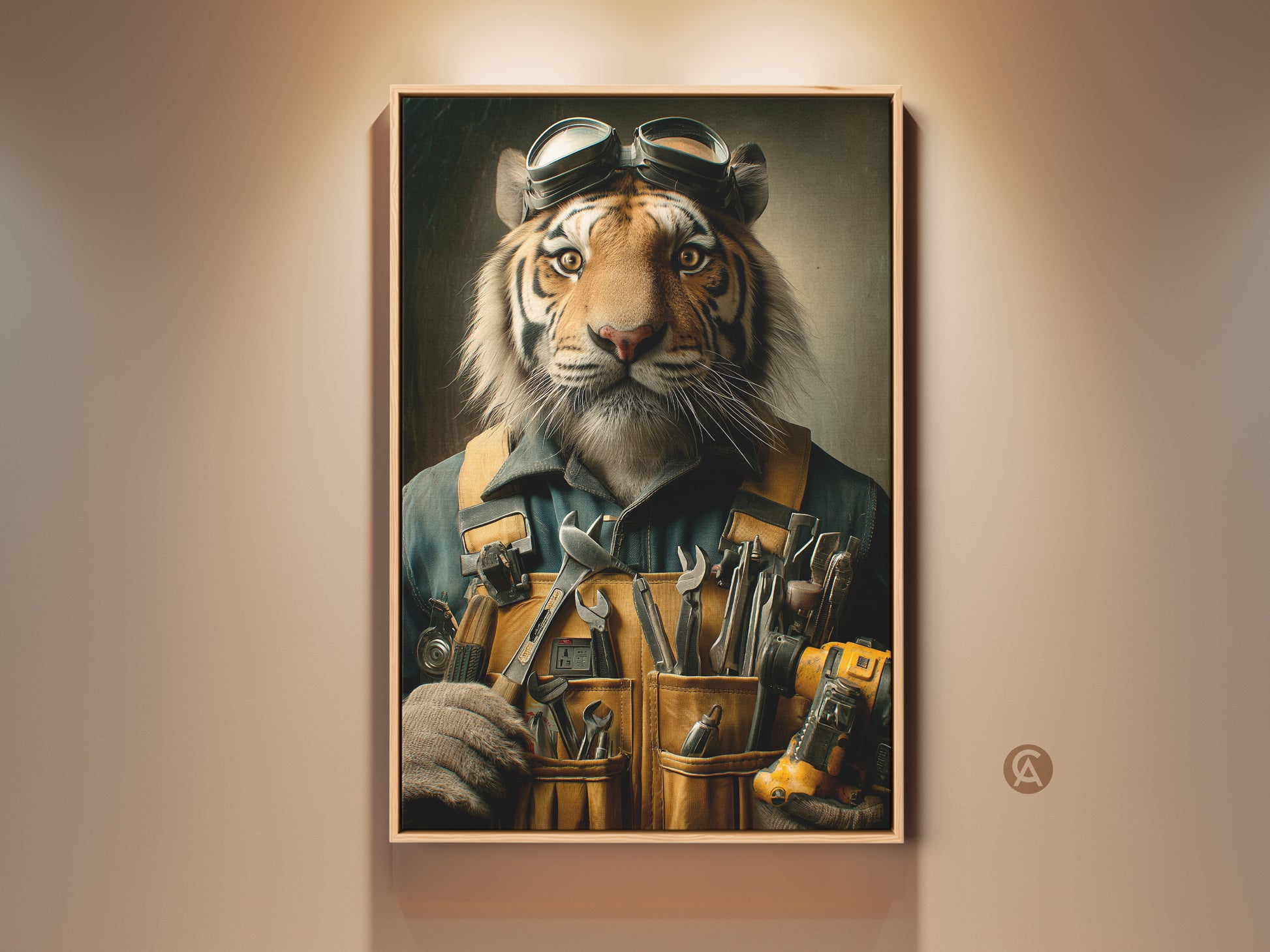 Elevate your space with this surreal tiger mechanic art print. The anthropomorphic animal artwork brings a unique touch to any office or man cave. The vivid yellow orange and brown tones make it a standout piece. A perfect Father's Day gift for the tool lover. Shop now for this painterly style wall art.