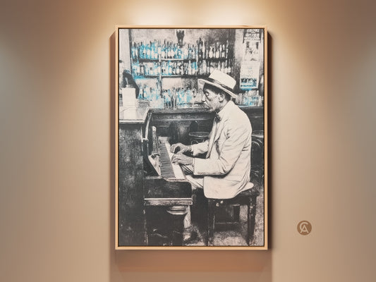 A captivating artwork shows a man in a hat playing the piano at a bar. The art style is vintage with black and white tones with a touch of blue. This piano art is perfect for music lovers. It adds a touch of culture to any space.