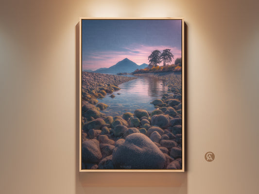Photorealistic mountain lake art in a modern frame. This sunset canvas print features pink and blue nature landscape. Perfect outdoor wall decor for a modern home or as a thoughtful gift.