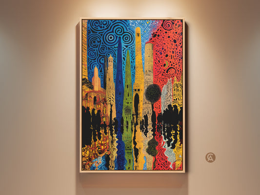 Vibrant abstract cityscape canvas art brings an eclectic modern touch. The skyline features red yellow and blue hues. Perfect as office or dining room wall art. A unique travel-inspired print for art lovers.