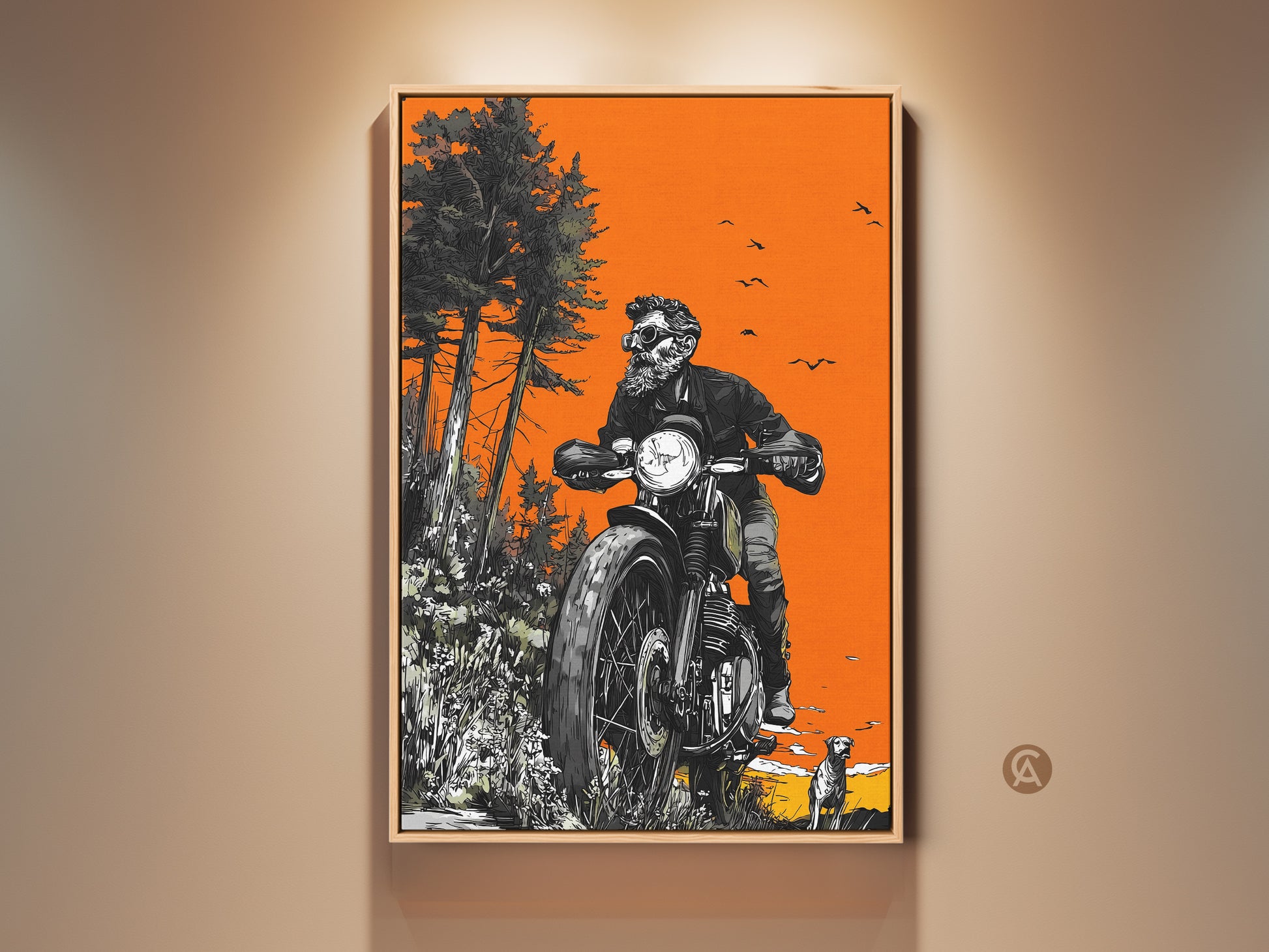 Framed artwork of a skeleton biker riding a motorcycle through a forest. The motorcycle is black and white. The background is a vivid orange. A dog runs alongside. The artwork adds a cool edgy vibe to any space.