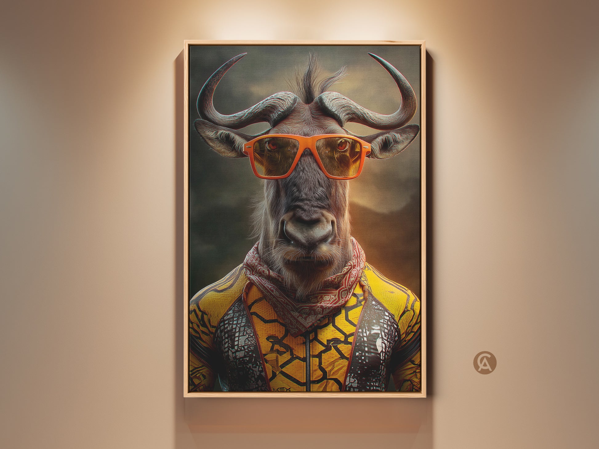 Wildebeest art print in a room setting. This surreal animal canvas features a wildebeest with orange sunglasses. Eclectic wall art adds a quirky touch to your home decor. A unique animal lover gift idea for a stylish home office or living room. The artwork is yellow brown grey art.