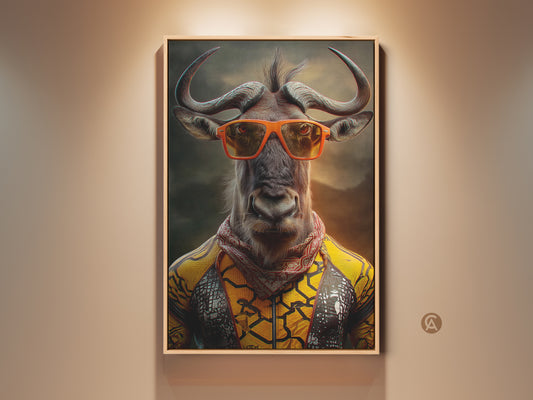 Wildebeest art print in a room setting. This surreal animal canvas features a wildebeest with orange sunglasses. Eclectic wall art adds a quirky touch to your home decor. A unique animal lover gift idea for a stylish home office or living room. The artwork is yellow brown grey art.