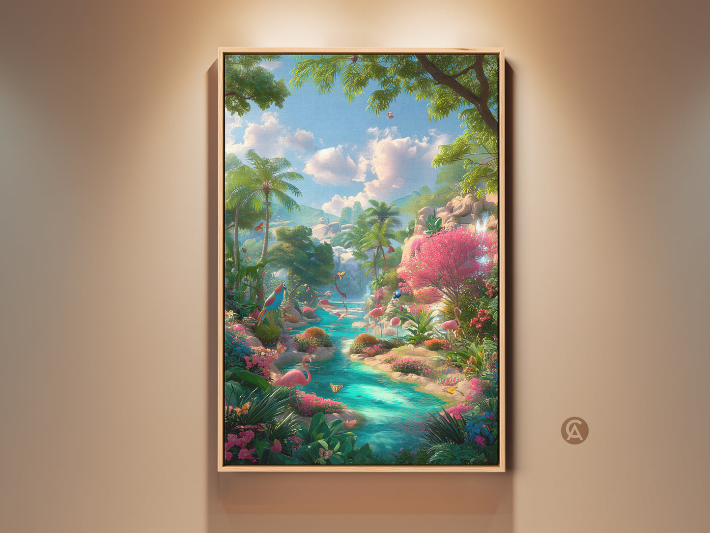 Framed flamingo artwork brings a tropical paradise to any room. Lush greenery and a turquoise river create a serene scene. The vibrant colors and detailed brushstrokes make this a captivating piece for art lovers.