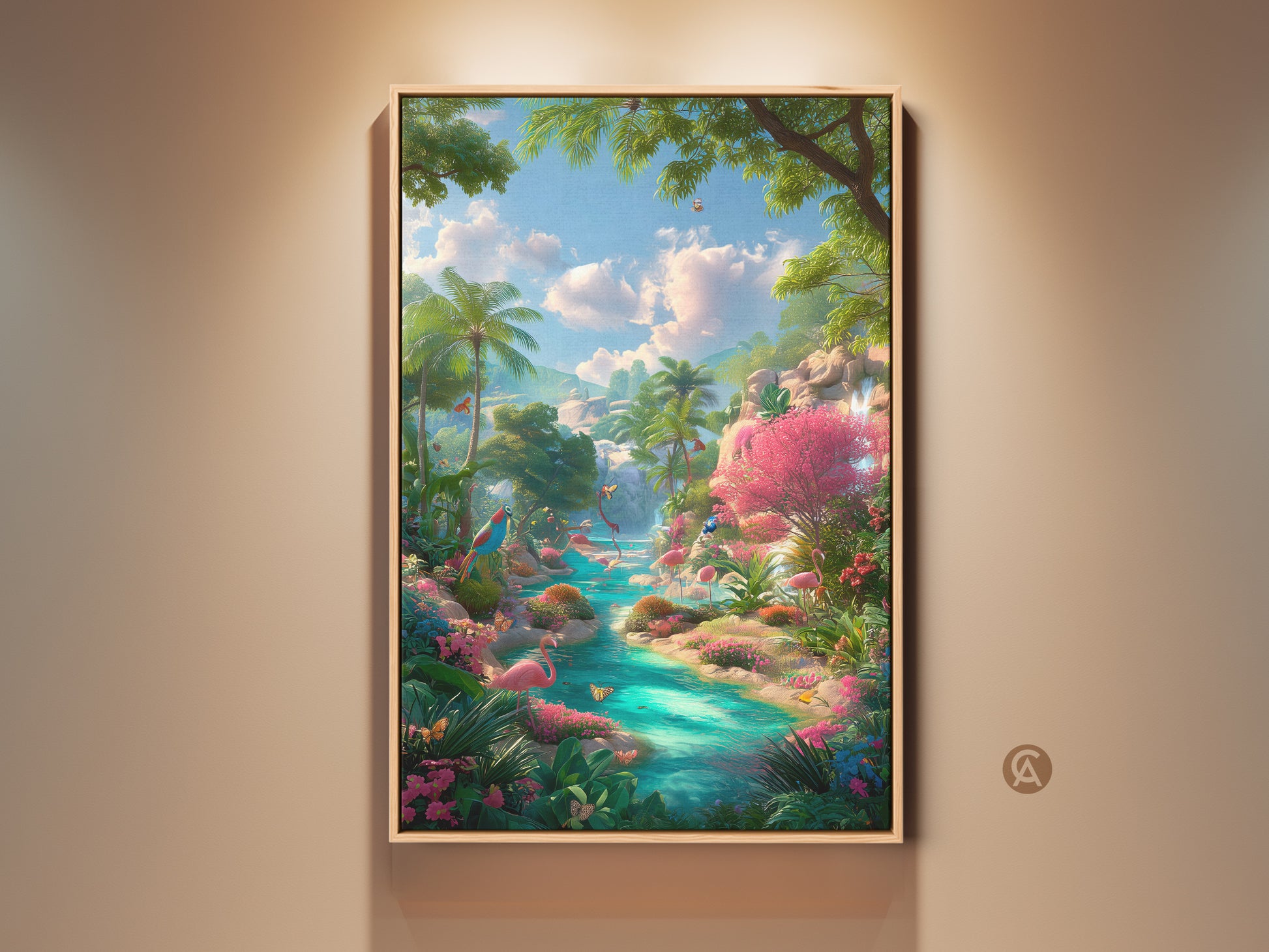 Framed flamingo artwork brings a tropical paradise to any room. Lush greenery and a turquoise river create a serene scene. The vibrant colors and detailed brushstrokes make this a captivating piece for art lovers.