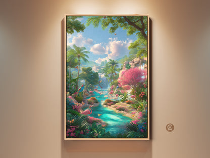Framed flamingo artwork brings a tropical paradise to any room. Lush greenery and a turquoise river create a serene scene. The vibrant colors and detailed brushstrokes make this a captivating piece for art lovers.