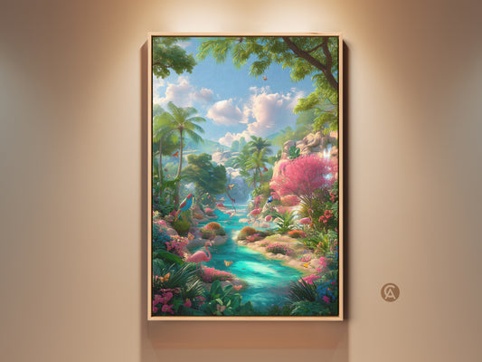 Framed flamingo artwork brings a tropical paradise to any room. Lush greenery and a turquoise river create a serene scene. The vibrant colors and detailed brushstrokes make this a captivating piece for art lovers.