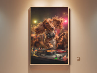 Dog DJ canvas artwork in a warm interior. The photorealistic Dachshund spins tunes on a turntable. This eclectic piece features brown red and gold tones. It is framed and ready to hang. A unique birthday gift idea for dog and music lovers.