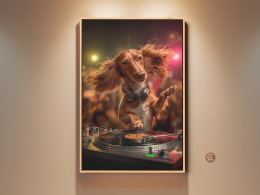 Dog DJ canvas artwork in a warm interior. The photorealistic Dachshund spins tunes on a turntable. This eclectic piece features brown red and gold tones. It is framed and ready to hang. A unique birthday gift idea for dog and music lovers.