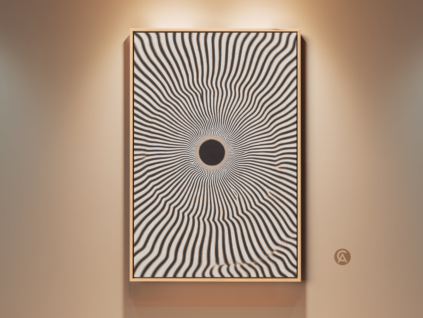 Mid-Century Modern canvas art is displayed in a warm-toned entryway. The abstract geometric print features a black and white radial burst. Optical illusion wall decor adds sophistication to the space. Shop now for entryway art.
