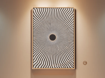 Mid-Century Modern canvas art is displayed in a warm-toned entryway. The abstract geometric print features a black and white radial burst. Optical illusion wall decor adds sophistication to the space. Shop now for entryway art.