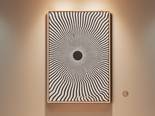 Mid-Century Modern canvas art is displayed in a warm-toned entryway. The abstract geometric print features a black and white radial burst. Optical illusion wall decor adds sophistication to the space. Shop now for entryway art.
