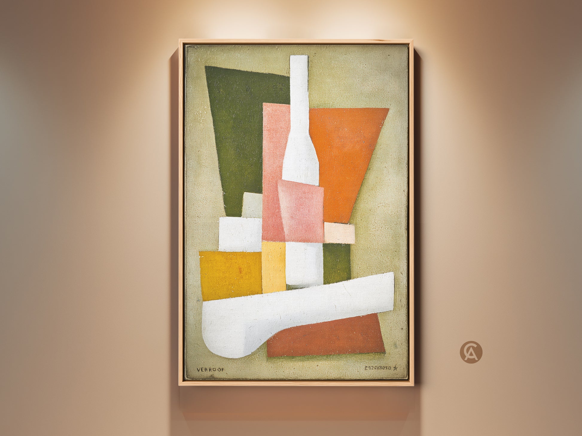 Mid-century modern art print featuring an abstract geometric still life. The artwork combines orange pink and green hues. Perfect wall art for dining rooms or home offices. A unique gift for art enthusiasts seeking modern abstract painting and eclectic home accent.