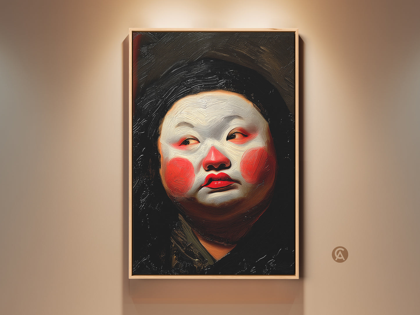 Striking Geisha portrait in red white orange. This oil painting style art features Kabuki makeup. An expressionist canvas print perfect for eclectic decor. Add unique Asian wall art to your space. A cultural figurative artwork to spark conversation.