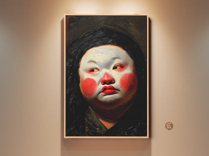 Striking Geisha portrait in red white orange. This oil painting style art features Kabuki makeup. An expressionist canvas print perfect for eclectic decor. Add unique Asian wall art to your space. A cultural figurative artwork to spark conversation.