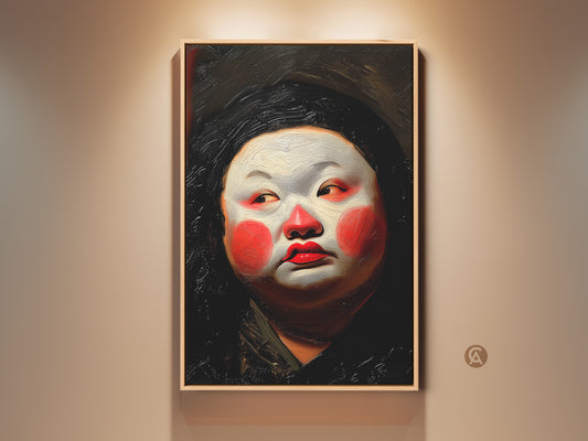 Striking Geisha portrait in red white orange. This oil painting style art features Kabuki makeup. An expressionist canvas print perfect for eclectic decor. Add unique Asian wall art to your space. A cultural figurative artwork to spark conversation.