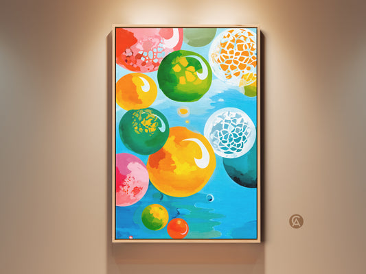 Modern abstract canvas art print showcases colorful bubbles & spheres wall artwork. This contemporary art is a mix of blue orange & green tones for home or office decor. The bright abstract style adds artistic flair to any space. Ideal as a unique wall decor piece. It makes a thoughtful art lover's gift canvas.
