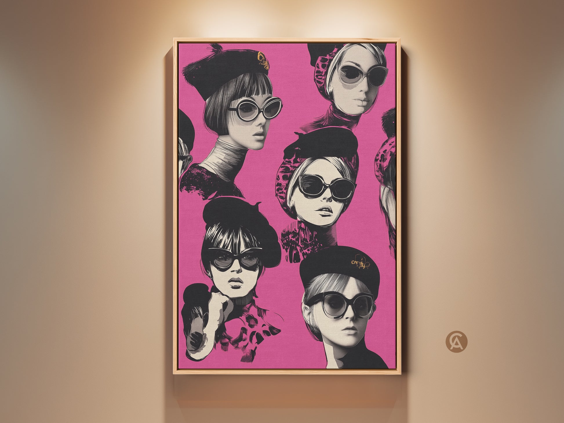 Retro Pop Art Print of a fashionable woman with sunglasses. This eclectic wall art captures a Paris chic style. The hot pink background and black and white accents create a bold statement. Perfect gift for fashion lovers. Add a unique flair to your home decor with this canvas art print.