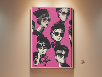 Retro Pop Art Print of a fashionable woman with sunglasses. This eclectic wall art captures a Paris chic style. The hot pink background and black and white accents create a bold statement. Perfect gift for fashion lovers. Add a unique flair to your home decor with this canvas art print.