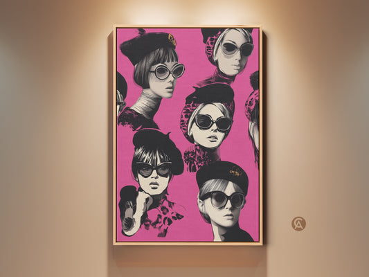 Retro Pop Art Print of a fashionable woman with sunglasses. This eclectic wall art captures a Paris chic style. The hot pink background and black and white accents create a bold statement. Perfect gift for fashion lovers. Add a unique flair to your home decor with this canvas art print.