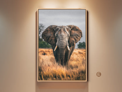 Rustic Elephant canvas print. This wildlife wall art features a photorealistic animal in earthy brown and grey tones. A perfect housewarming gift for safari lovers. This savanna landscape art adds a natural element to any residential space. Ready to hang canvas showcases an African elephant in its natural habitat.