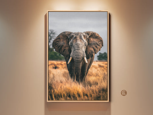Rustic Elephant canvas print. This wildlife wall art features a photorealistic animal in earthy brown and grey tones. A perfect housewarming gift for safari lovers. This savanna landscape art adds a natural element to any residential space. Ready to hang canvas showcases an African elephant in its natural habitat.