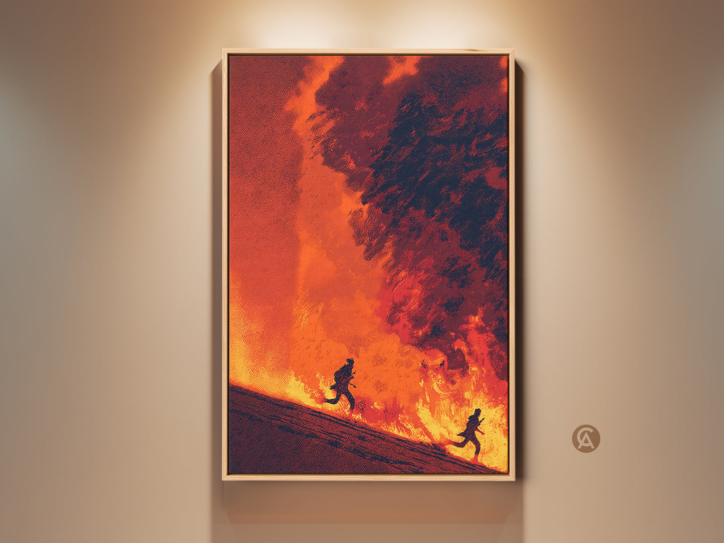 Abstract figurative artwork on display. Figures run amidst fiery orange and deep red flames. This canvas print adds a dramatic touch to eclectic wall decor. A striking piece for drama lovers.