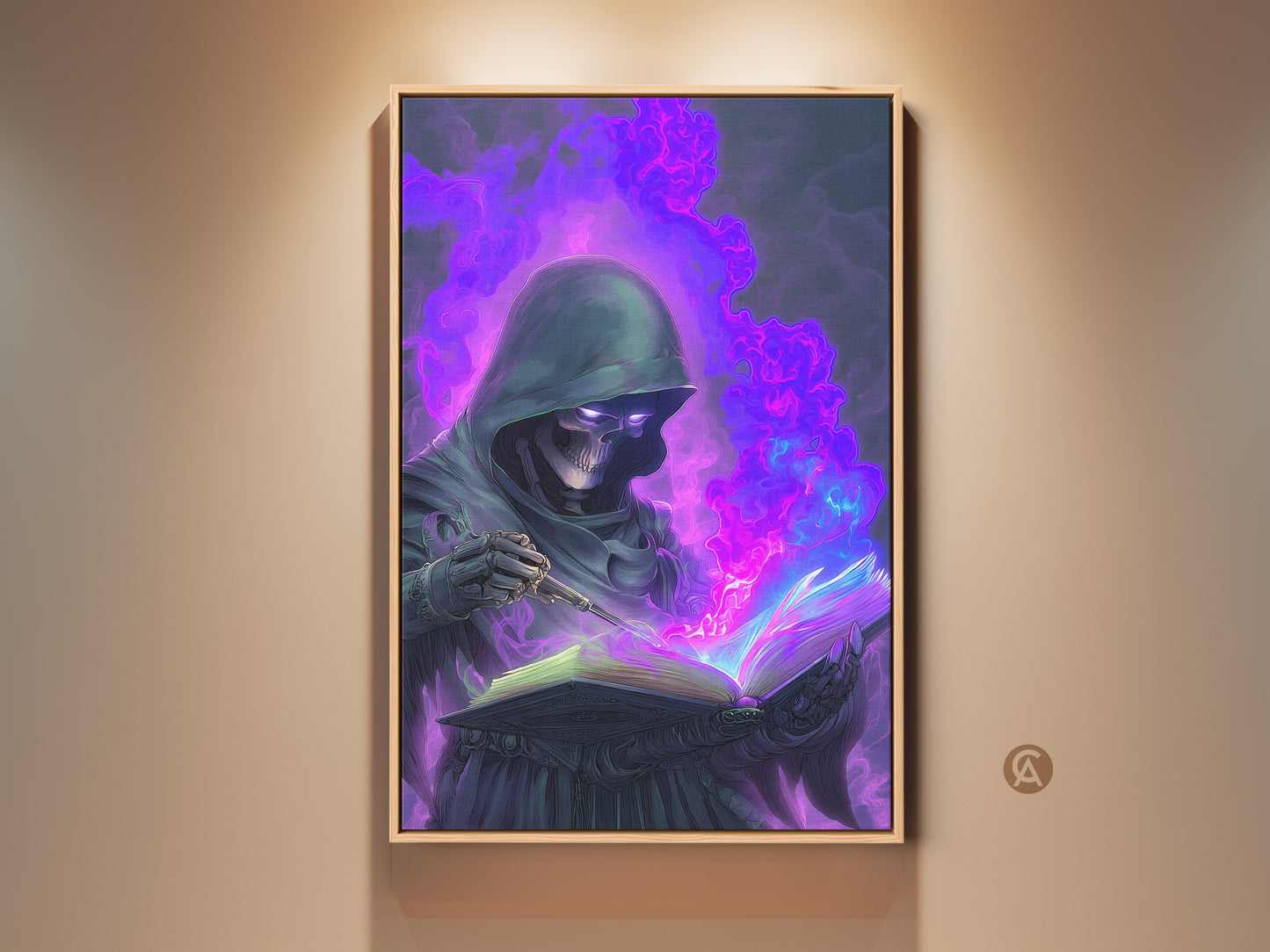 Gothic Skeleton Mage Canvas Print. It shows Dark Fantasy Spellbook Wall Artwork. The art features purple and blue magic. Perfect study room decor for wizard fans or gothic home office art collectors.