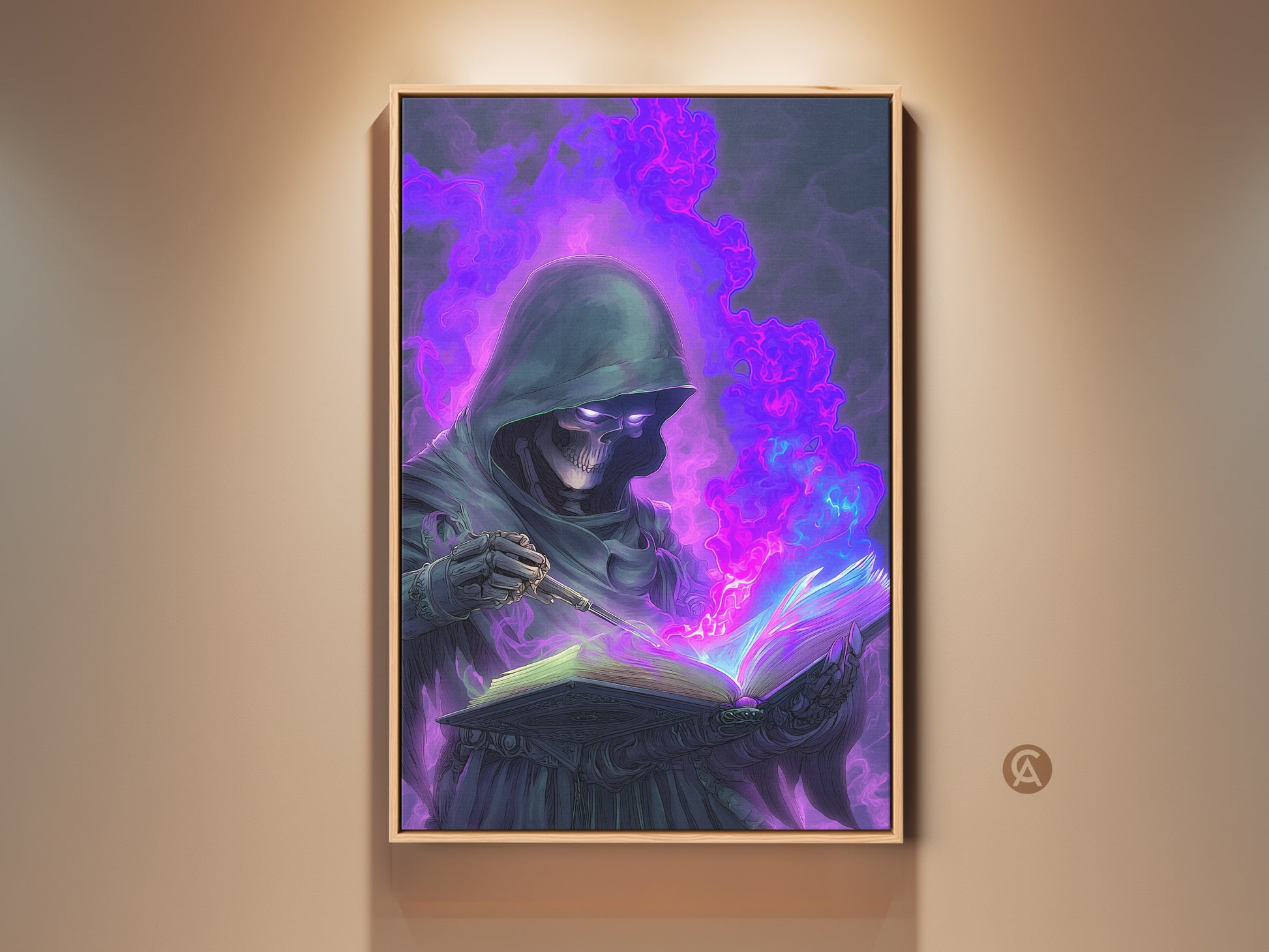 Gothic Skeleton Mage Canvas Print. It shows Dark Fantasy Spellbook Wall Artwork. The art features purple and blue magic. Perfect study room decor for wizard fans or gothic home office art collectors.
