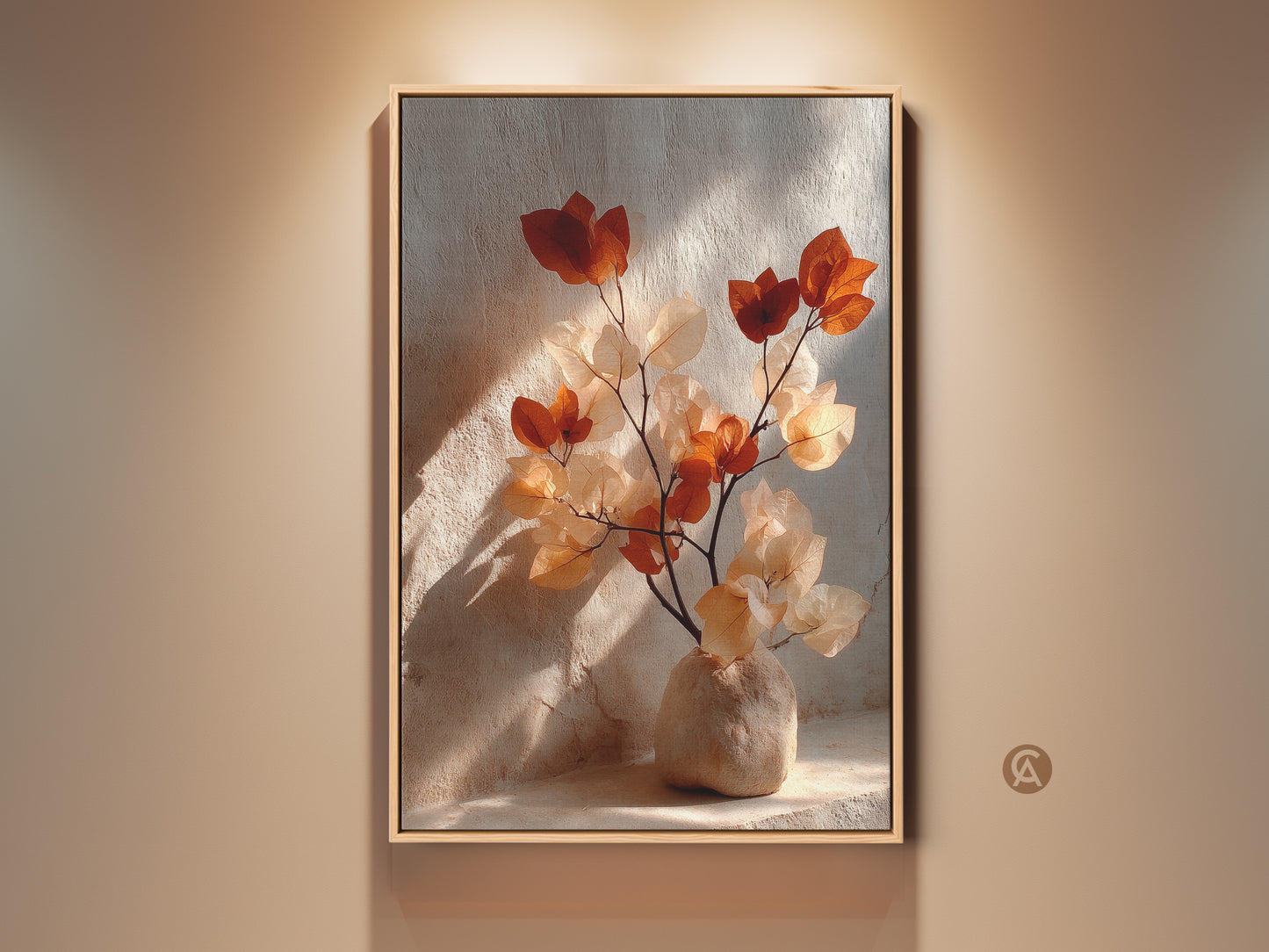 Framed Terracotta Bougainvillea art print in a living room. The botanical artwork features cream and burnt orange tones. This boho vase still life wall art adds an organic modern touch. Nature-inspired wall decor perfect for a cozy space.