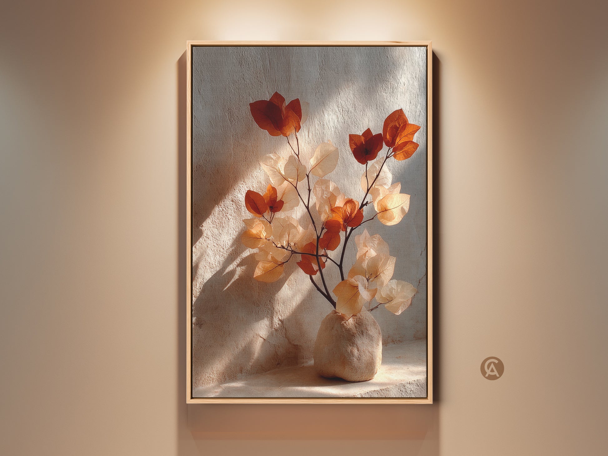 Framed Terracotta Bougainvillea art print in a living room. The botanical artwork features cream and burnt orange tones. This boho vase still life wall art adds an organic modern touch. Nature-inspired wall decor perfect for a cozy space.