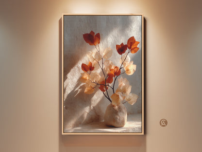 Framed Terracotta Bougainvillea art print in a living room. The botanical artwork features cream and burnt orange tones. This boho vase still life wall art adds an organic modern touch. Nature-inspired wall decor perfect for a cozy space.