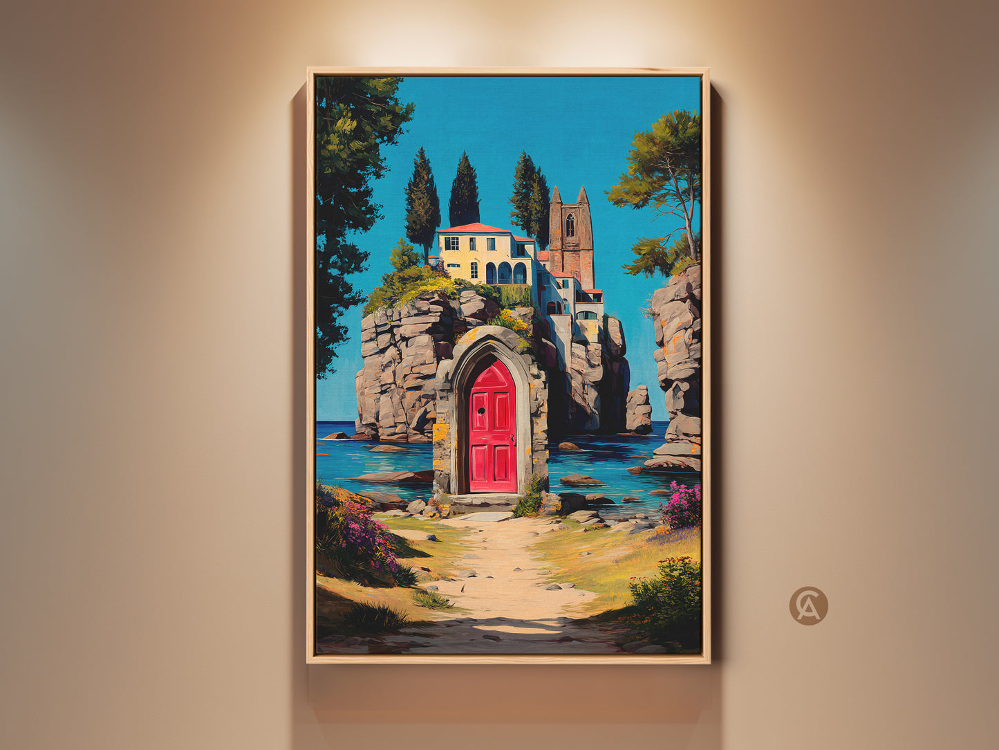 Mediterranean Villa Art Print showcases an impressionistic coastal landscape. Teal blue sea contrasts with a villa featuring a striking red door. Perfect travel gift or housewarming present. Adds European charm and artistic elegance to any wall.  A scenic and romantic getaway captured in artwork.