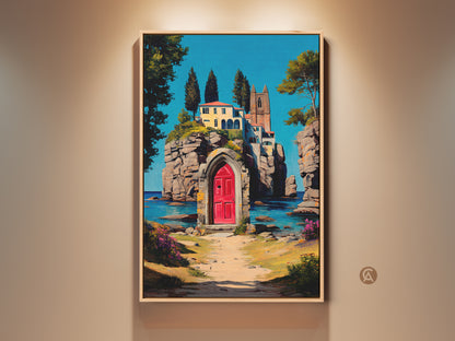 Mediterranean Villa Art Print showcases an impressionistic coastal landscape. Teal blue sea contrasts with a villa featuring a striking red door. Perfect travel gift or housewarming present. Adds European charm and artistic elegance to any wall.  A scenic and romantic getaway captured in artwork.