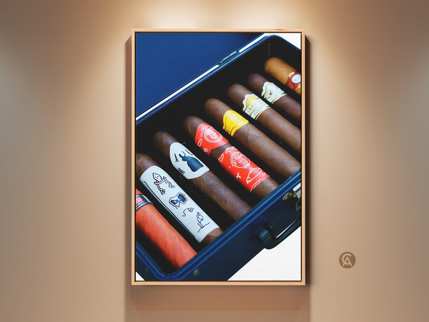 Cigar humidor canvas art close-up photo. This artwork has rich browns and reds for a luxury man cave. It is ideal office wall art or for a home bar. Consider this premium masculine office decor as a gift for him. It offers a sophisticated touch of indulgence