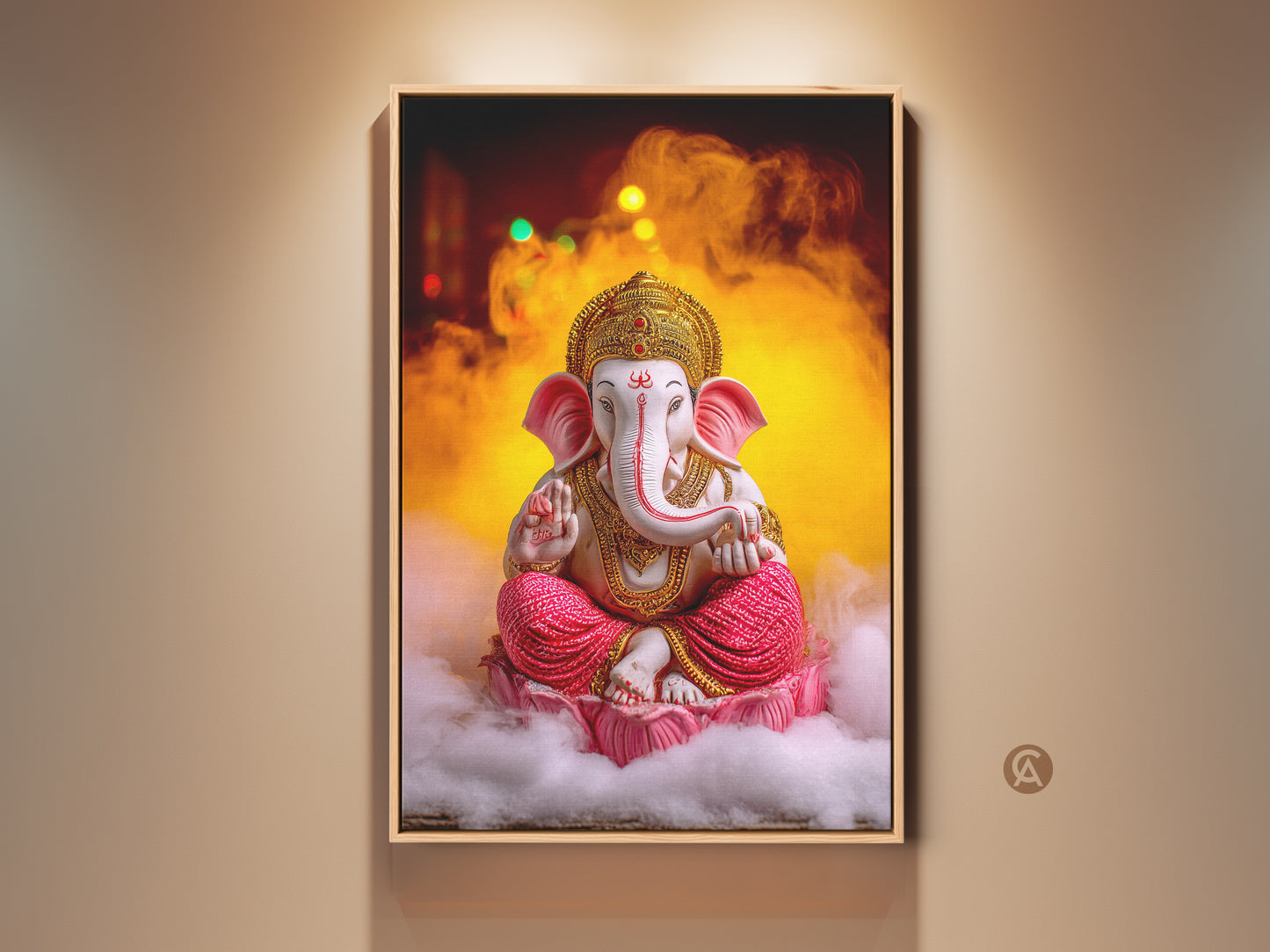 Pink Gold Ganesha art is framed beautifully. This spiritual lotus wall decor brings Hindu mythology to life. It's an eclectic housewarming gift idea. The canvas adds a touch of meditation room charm. The Ganesha statue print is vibrant and captivating for any home office or yoga studio.