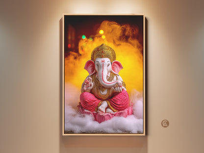 Pink Gold Ganesha art is framed beautifully. This spiritual lotus wall decor brings Hindu mythology to life. It's an eclectic housewarming gift idea. The canvas adds a touch of meditation room charm. The Ganesha statue print is vibrant and captivating for any home office or yoga studio.