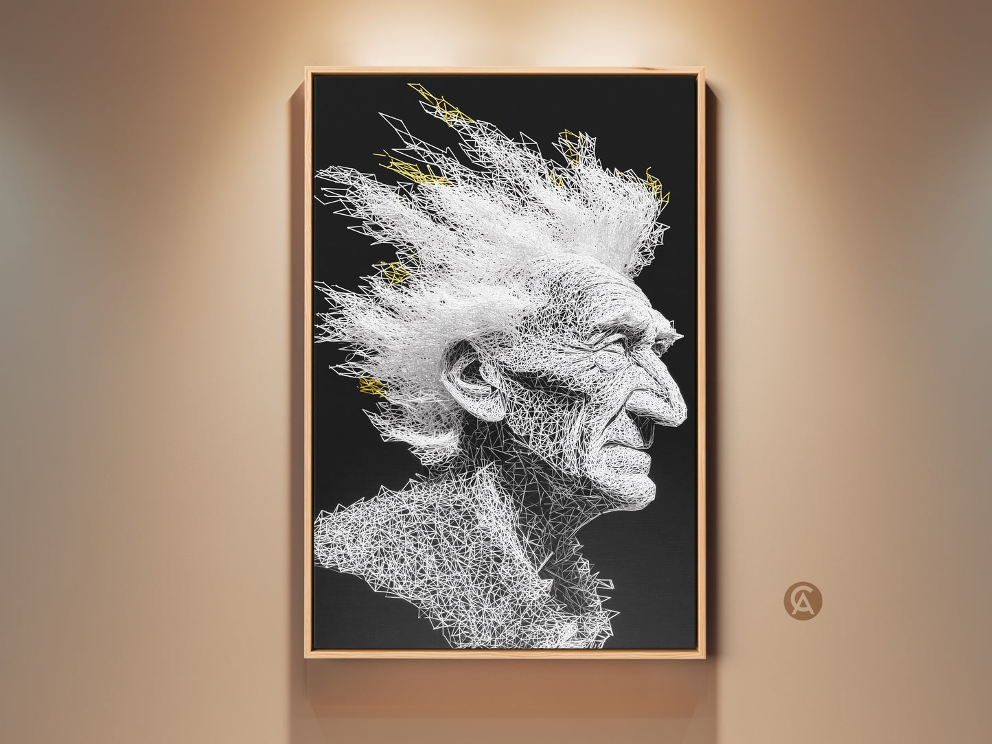 Framed portrait of an old man with a mohawk hair style. The art is created using white lines on a black background. Modern artwork in a light wood frame. Gallery art for your home or office.