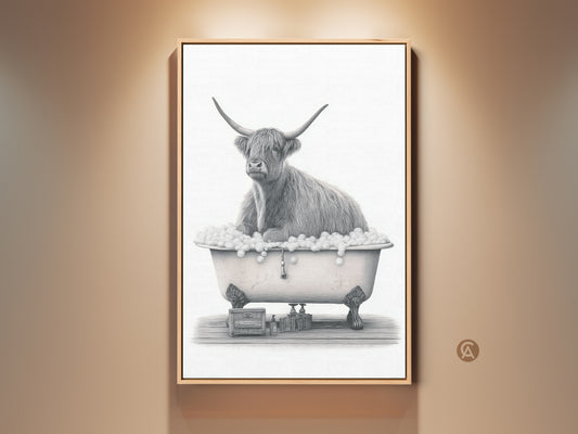 Framed view of a highland cow enjoying a bubble bath. This farmhouse bathroom wall art features a black and white cow art sketch. It's vintage animal decor perfect as a housewarming gift. The monochrome wall art adds quirky farmhouse charm. This rustic cow poster brings country chic art to your home.