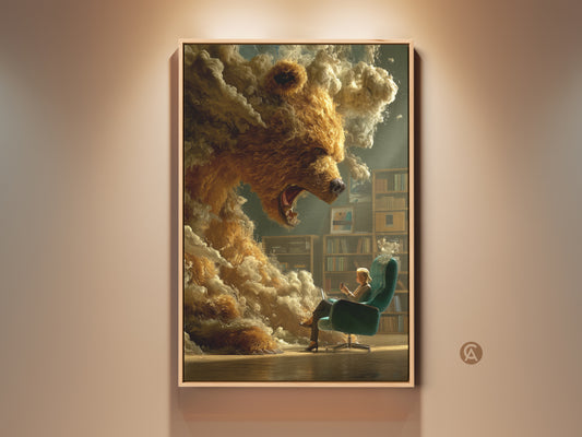 Surreal bear canvas print showcasing fantasy artwork. It features a woman reading in a study. This eclectic gold orange brown wall decor is a unique gift for book lovers. It adds an artistic touch to any space.