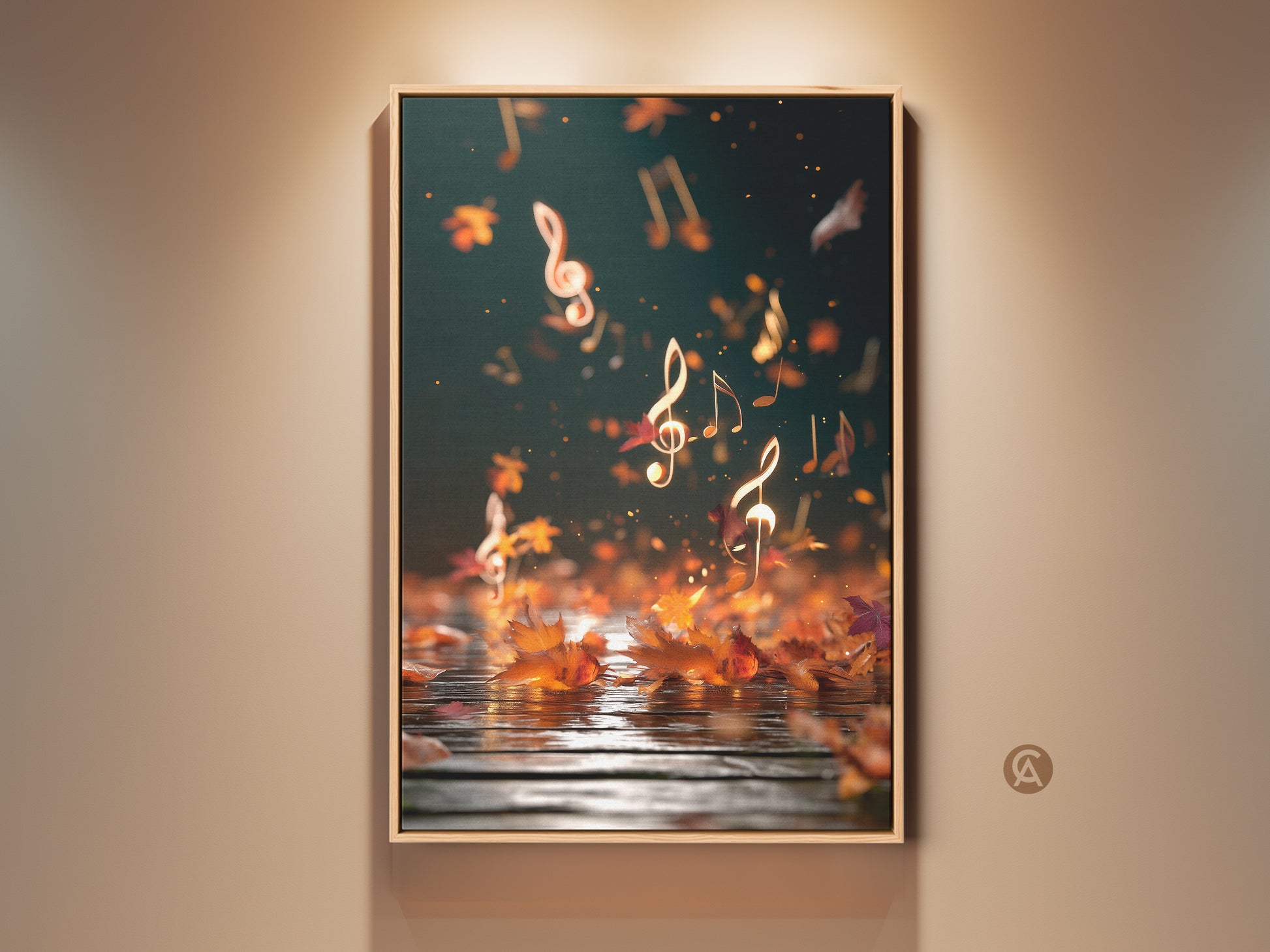 Abstract Autumn Music Canvas Art. This wall print features teal gold maple leaves. It's an eclectic piece perfect for a study room. It's also an ideal gift for musicians. The artwork blends nature and melody. The canvas art enhances any home or office decor with its unique musical theme.