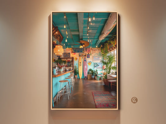 Brighten your space with this vibrant surf shack artwork. The framed art shows a beach bar interior with surfboards and plants. The colorful painting brings a tropical vibe to any room. This ready to hang art piece is perfect for beach lovers. It captures the essence of coastal living.