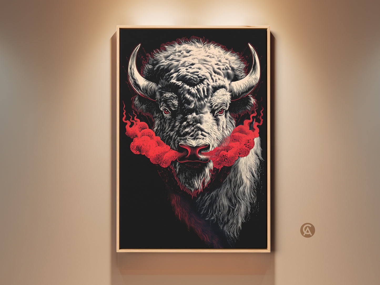 Dramatic bison canvas art makes a bold statement. Red smoke accents enhance this modern American West artwork. A striking bison wildlife print is perfect for office decor or as a unique gift. This canvas hanging will transform any room with its powerful imagery.