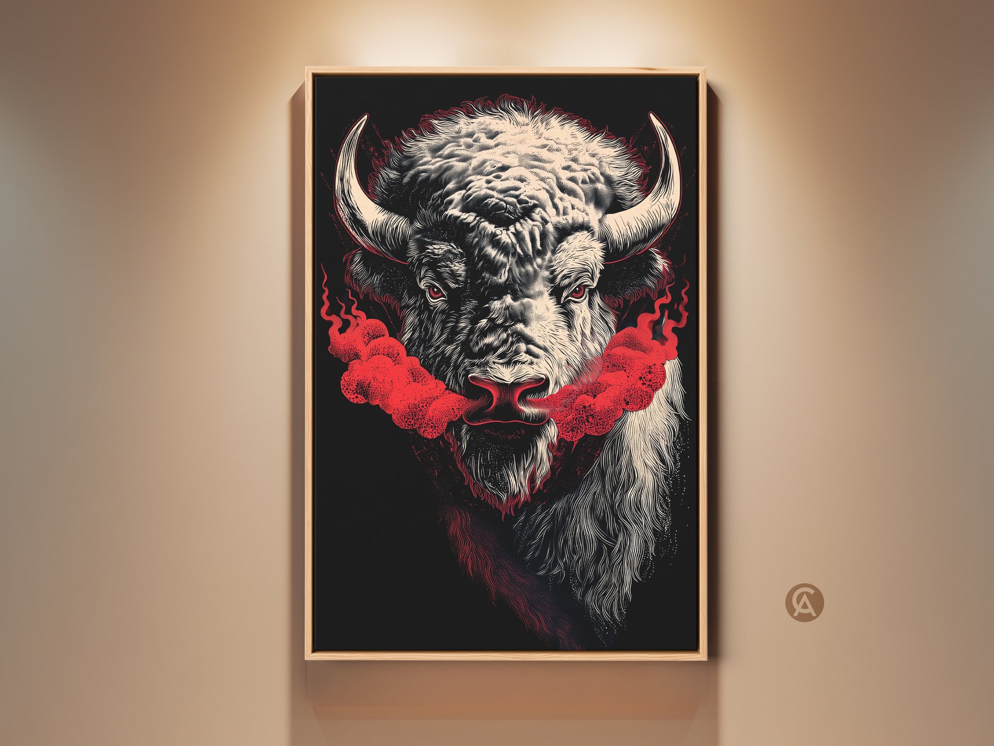 Dramatic bison canvas art makes a bold statement. Red smoke accents enhance this modern American West artwork. A striking bison wildlife print is perfect for office decor or as a unique gift. This canvas hanging will transform any room with its powerful imagery.