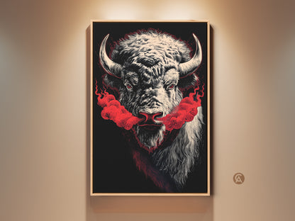 Dramatic bison canvas art makes a bold statement. Red smoke accents enhance this modern American West artwork. A striking bison wildlife print is perfect for office decor or as a unique gift. This canvas hanging will transform any room with its powerful imagery.