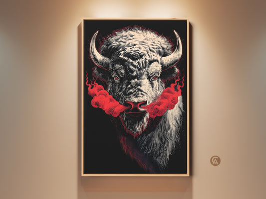 Dramatic bison canvas art makes a bold statement. Red smoke accents enhance this modern American West artwork. A striking bison wildlife print is perfect for office decor or as a unique gift. This canvas hanging will transform any room with its powerful imagery.