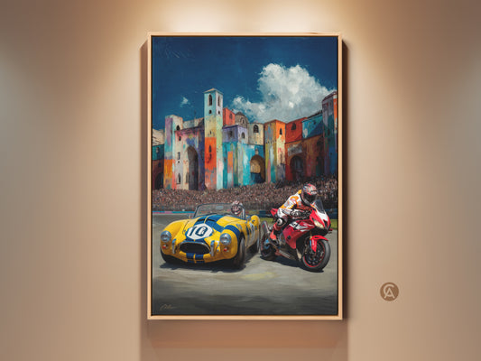 Experience the thrill. This canvas art captures a classic yellow Cobra and a red sportbike in a race scene. Ideal wall decor for car enthusiasts seeking motorsport passion. Add vibrant color to your office or garage with this dynamic automotive artwork.