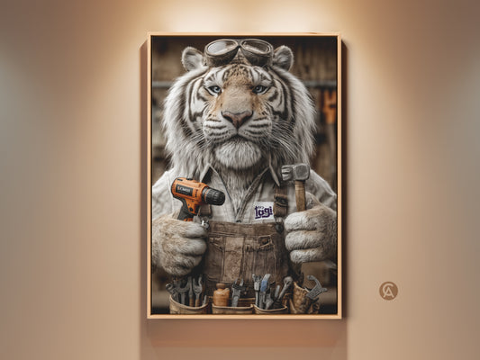 Photorealistic tiger mechanic art print. This anthropomorphic tiger is wearing goggles and a tool belt. He is holding a drill and a hammer. Perfect man cave or office wall decor DIY gift.