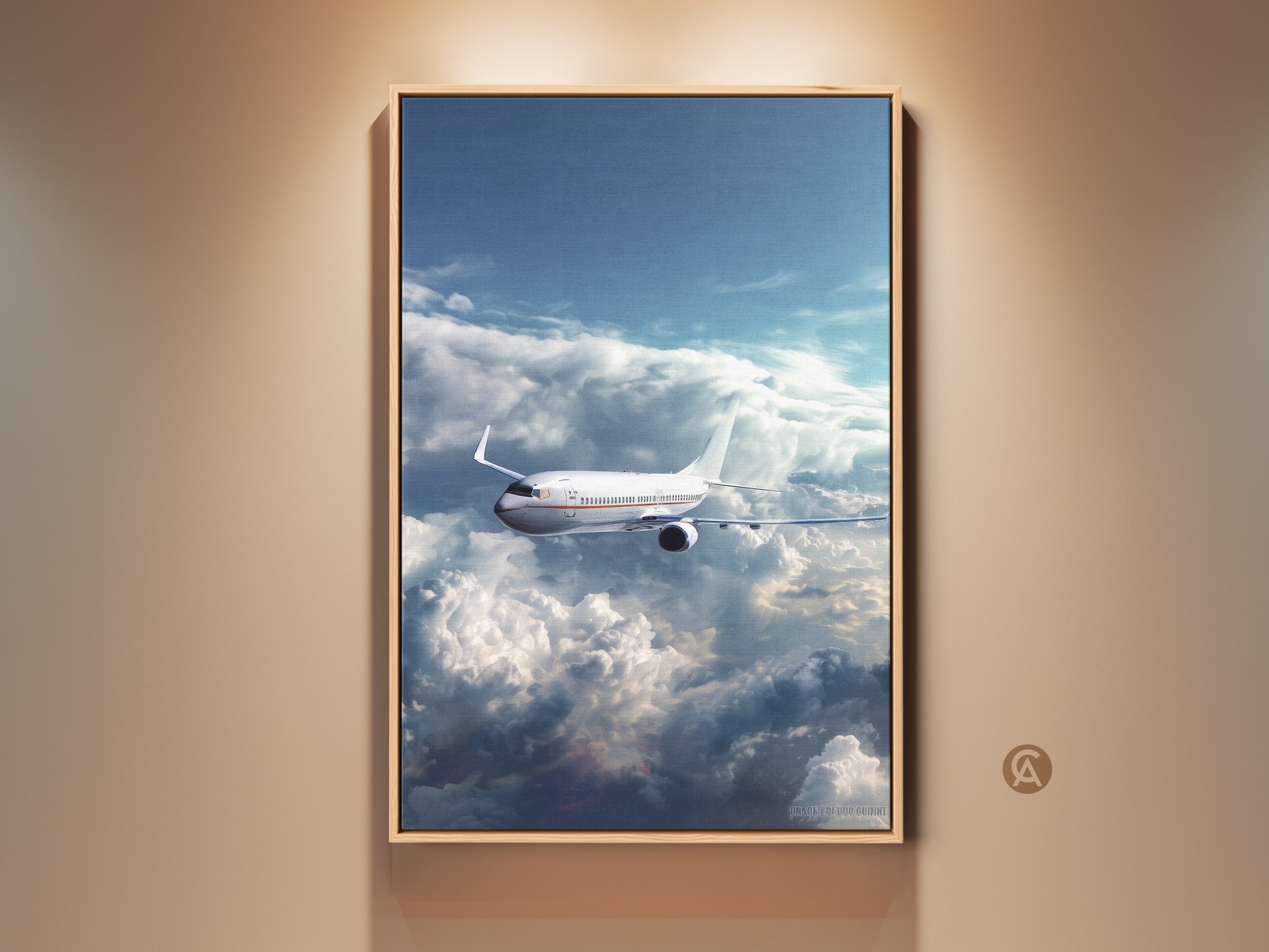 Photorealistic airplane canvas art in a frame. This aviation artwork captures a white jet flying through blue skies and cumulus clouds. A modern travel themed office gift for aviation enthusiasts.