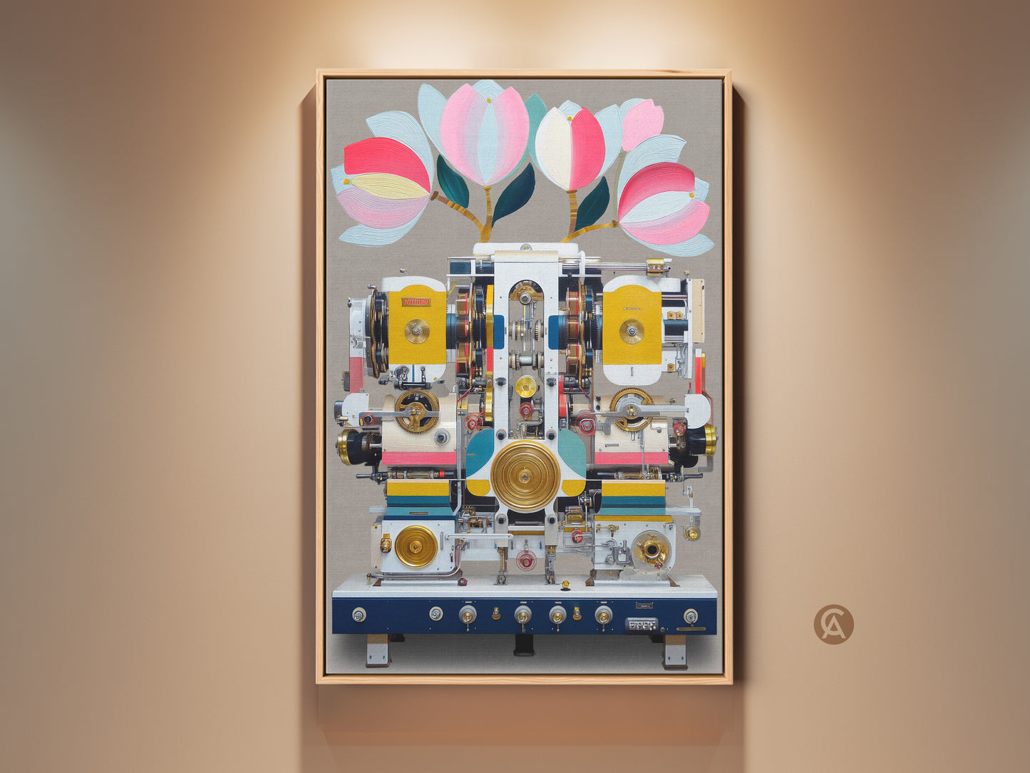 Framed surreal machine art print featuring steampunk abstract canvas. The artwork has a yellow and teal color palette. It is ideal for office decor or eclectic home spaces. This mechanical floral artwork adds a thought-provoking touch as a unique gift for engineers or gadget lovers. The frame enhances its display as office industrial art.